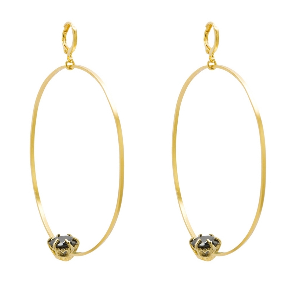 Iosselliani Puro 18K Gold Plate Silver Black Zircon Large Hoop Dangle Earrings